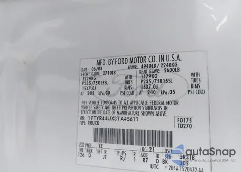 2003 Ford Ranger Edge/Tremor/Xlt z USA, uszkodzony, nr VIN 1FTYR44UX3TA45611